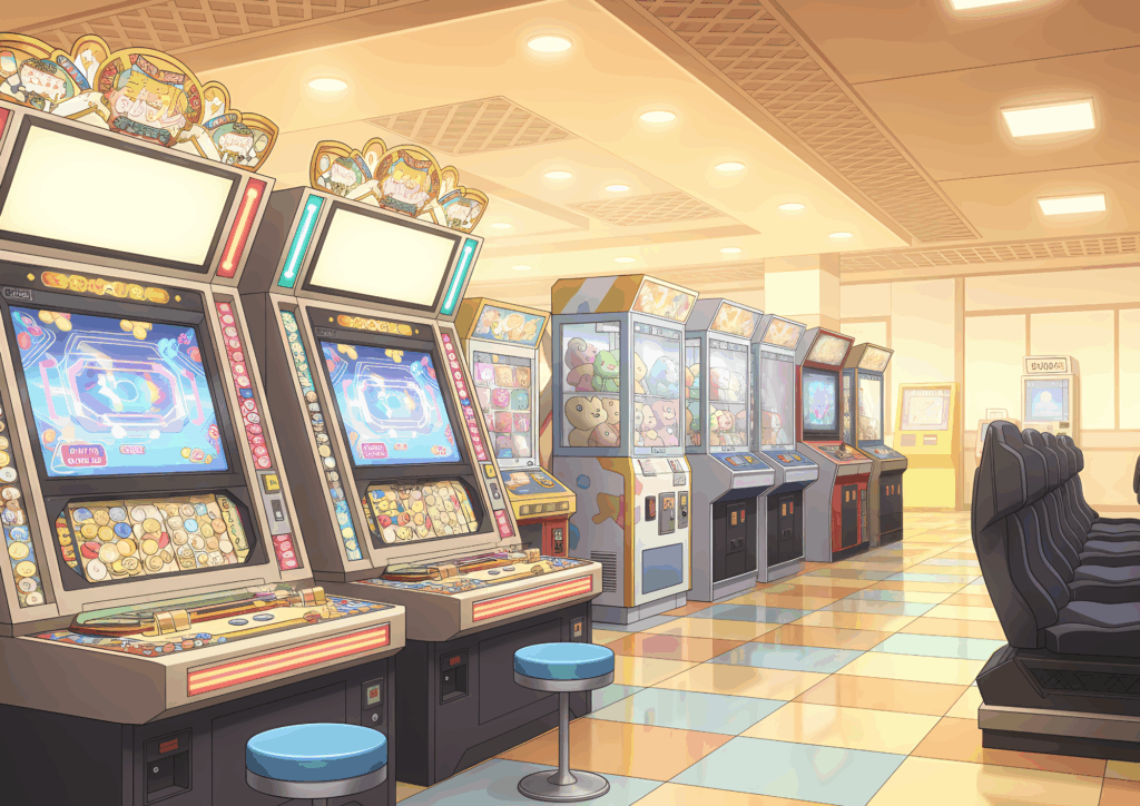カラフルにライトアップされたメダルゲーム筐体が2台並び、その隣にはクレーンゲーム機や赤いアーケード筐体が設置されている。床はオレンジと水色のタイル柄で、賑やかな雰囲気を演出している