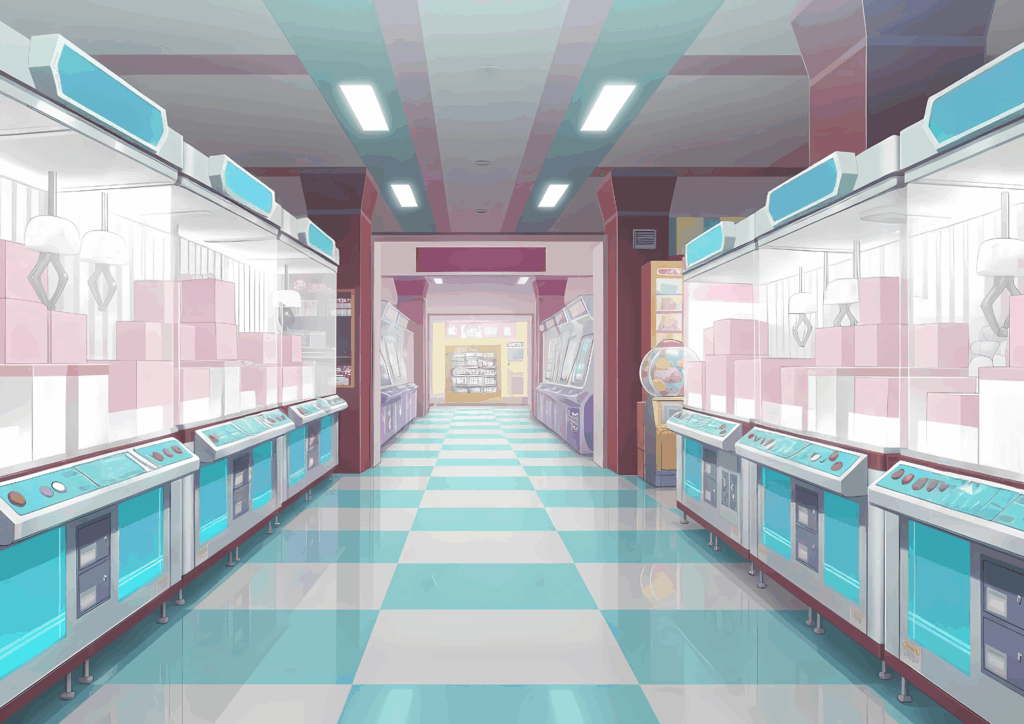 クレーンゲーム機が両側に並ぶ通路のイラスト。内部にはピンク色の箱型景品が積まれている。奥にはゲームセンターの出口と明るい店内が見えている