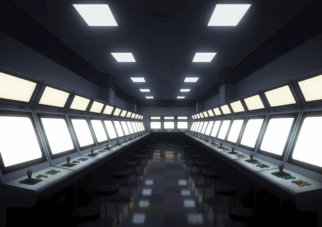 薄暗い部屋に、左右に格闘ゲーム筐体が整列している光景。画面は明るく光り、床には反射した光が映り込んでいる。緊張感のある雰囲気を漂わせている