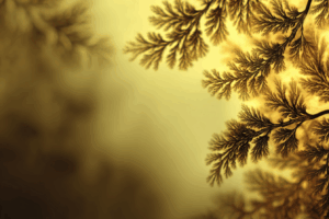 黄金色の背景にシダの葉のような繊細な枝葉が広がる幻想的なイラスト。