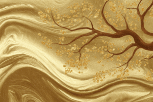 金色の流れるような模様の背景に、枝と小さな花が描かれた和風の装飾的イラスト。