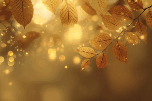 黄金色の光に照らされた木の葉が浮かび上がる、柔らかい雰囲気の自然イラスト。