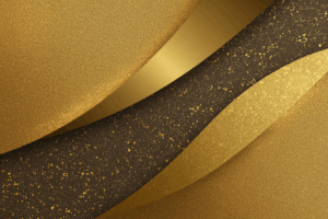 金色と黒の質感のある曲線が重なり合い、煌めく粒子が散りばめられた高級感のある抽象背景。