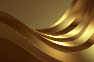 滑らかな金色のリボンのような帯が波打つように連なる、立体感のあるゴールド背景。