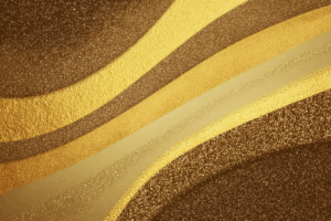 濃淡のあるゴールドの曲線が波のように流れる、粒子感のある抽象的な背景。