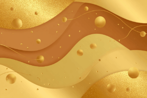 金色と茶色の流れる曲線に大小の球体が浮かぶ、幻想的でモダンなゴールド背景。