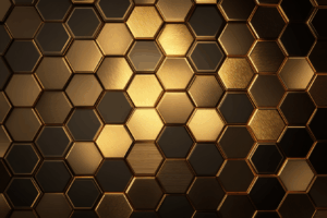 黒と金の六角形が敷き詰められた、立体的でメタリックな蜂の巣模様の背景。