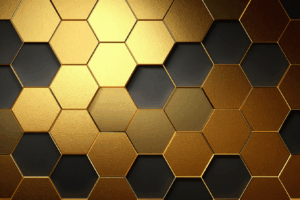 ゴールドと黒の六角形が規則的に並ぶ、金属的で高級感あるハニカムデザイン。