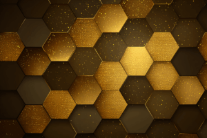 金色と茶色の六角形が輝き、所々に光粒子が散りばめられた豪華なハニカム模様。
