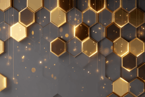 グレーの背景に金色に縁取られた六角形が浮かび、光の粒とラインが舞う幻想的なデザイン。
