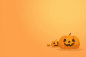 明るいオレンジ色の背景に、手前から奥へと並ぶ3つの笑顔のジャック・オー・ランタン。温かく楽しいハロウィンの雰囲気を表現したイラスト