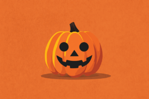 オレンジの背景の中央に、にっこり笑ったジャック・オー・ランタンが描かれたミニマルなハロウィンイラスト