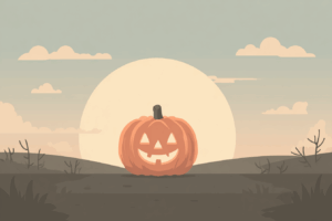 灰色がかった空と満月を背景に、道の真ん中に置かれたジャック・オー・ランタンが光る幻想的な風景のイラスト