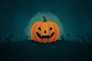 深い緑がかった夜の背景の中央に笑顔のカボチャランタンが浮かぶ、落ち着いたトーンのハロウィンイラスト