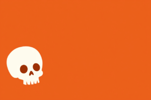 オレンジ一色の背景の左側に、白いドクロがシンプルに描かれたポップなハロウィンデザイ