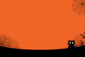 オレンジ色の夜空とクモの巣の下、黒猫が大きな目でこちらを見つめるシルエット風のハロウィンイラスト