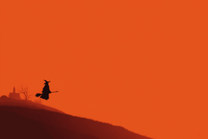 鮮やかな赤みのあるオレンジ色の空を背景に、ほうきに乗って飛ぶ魔女のシルエットが描かれたハロウィンイラスト。遠くの丘には枯れ木と家が見える幻想的な風景