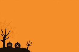 オレンジ色の背景に、左側に黒いシルエットの木と2つの笑顔のジャック・オー・ランタンが並ぶイラスト。木の枝には大きなクモの巣がかかっており、ハロウィンの夜をシンプルに表現している