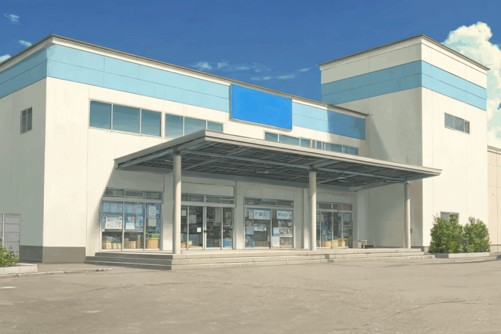 青い看板が特徴的な、校舎のように見える近代的な建物。晴天の青空の下、大きな窓とエントランスがある。