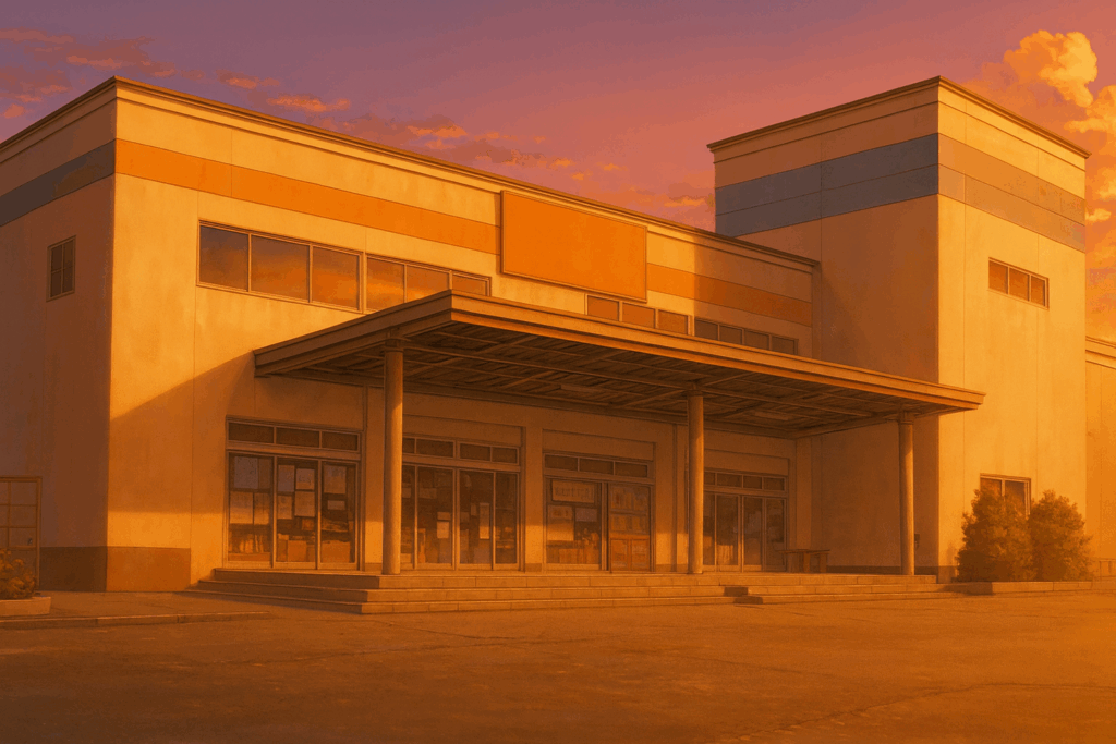 夕焼けに染まる学校の建物。正面の大きなガラス窓とポーチが特徴的で、穏やかな雰囲気が漂う。