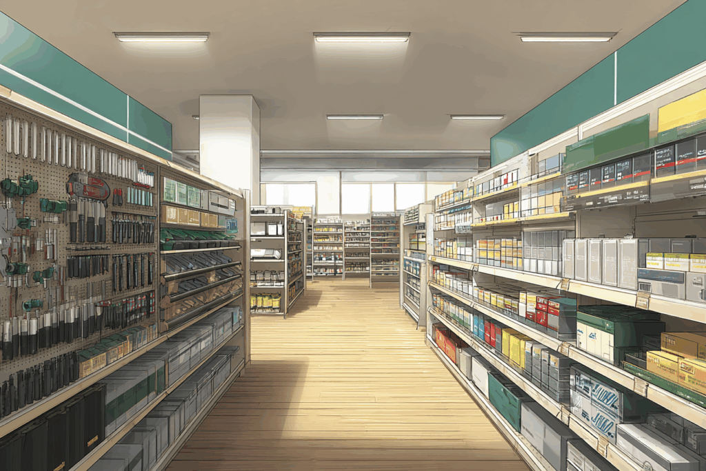 工具と収納用品で整然としたハードウェアストアの通路、棚には様々な商品が並ぶ。明るい照明と木製の床が特徴的。