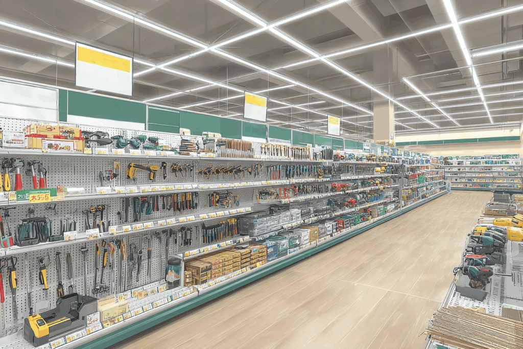 ホームセンターの工具売り場。棚にはドリル、ハンマー、レンチなど多くの工具が整然と並べられている。明るい照明がある。