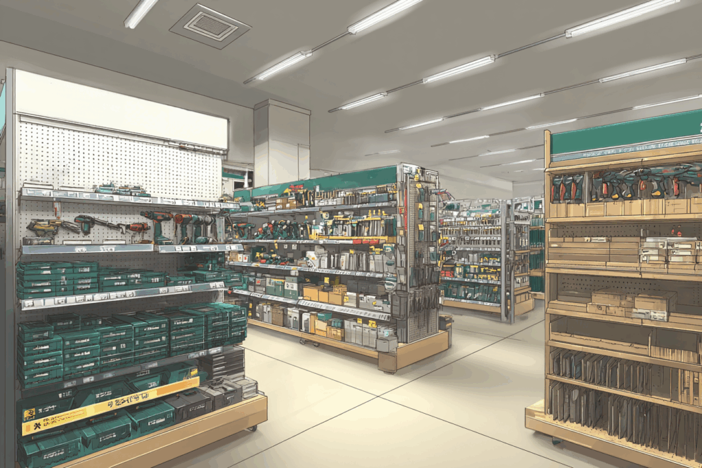 ホームセンターの通路で、多種多様な工具と関連商品が棚に整然と並んでいる。明るい天井照明が設置されている。