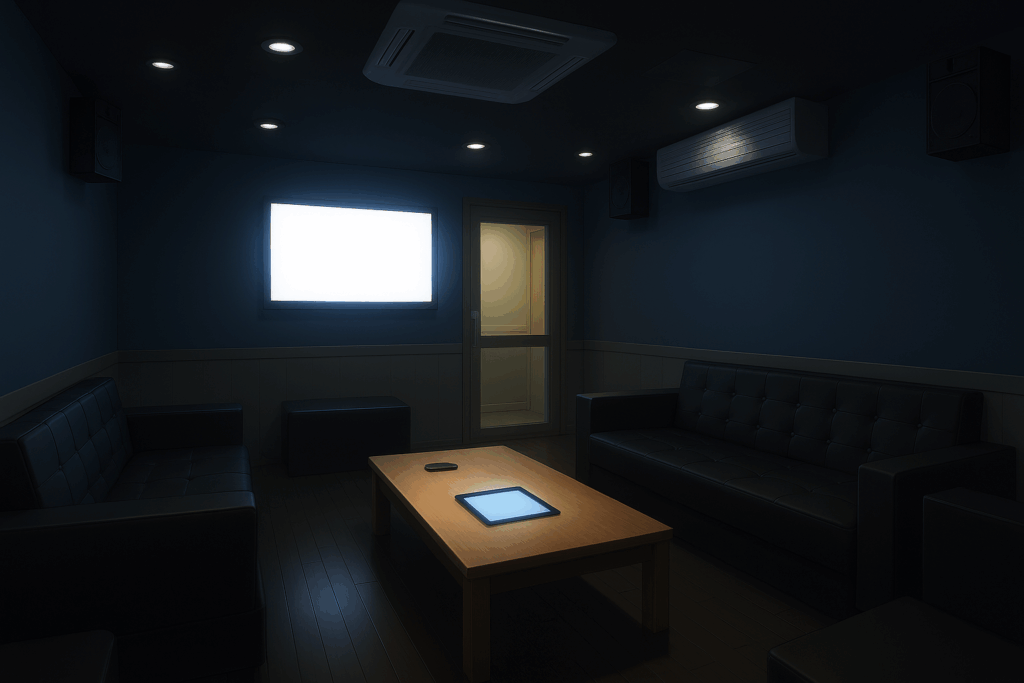 暗めの部屋に、黒いソファ2つとテーブルが配置されている。テーブル上にはデジタルデバイスがあり、壁には明るいスクリーンが見える。