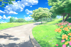 花々が咲く自然公園のイラスト。青空の下、カラフルな花と緑豊かな木々が生い茂り、曲がりくねった歩道が続いています。