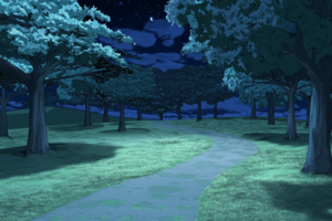 月明かりに照らされた夜の公園のイラスト。静かな夜の風景が広がり、木々の影が道に落ちています。空には星が輝き、雲が流れる様子が描かれています。