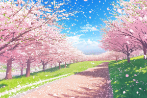 満開の桜が舞い散る春の公園のイラスト。青空の下、桜のトンネルが続き、ピンクの花びらが風に舞っています。道の両側には緑の芝生が広がり、春の穏やかな風景が描かれています。