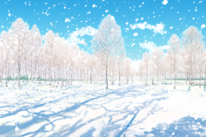 雪に覆われた冬の公園のイラスト。木々が白く輝き、青空の下、雪が舞い降りています。地面には雪が積もり、静かな冬の風景が広がっています。