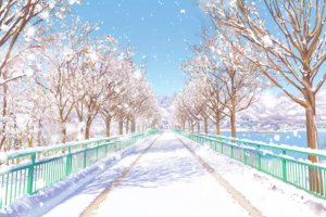 川沿いの道が雪に包まれた冬の公園のイラスト。雪が降り積もり、木々が白く輝いています。川の向こうに広がる景色が冬の静けさを強調しています。