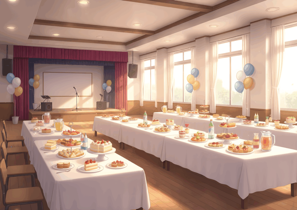 明るい日差しが差し込む会場に白いテーブルクロスをかけたテーブルが並び、ケーキやサンドイッチ、ジュースなどの軽食が並べられている。奥には小さなステージとマイクがあり、壁際には青と金の風船が飾られたパーティ会場の様