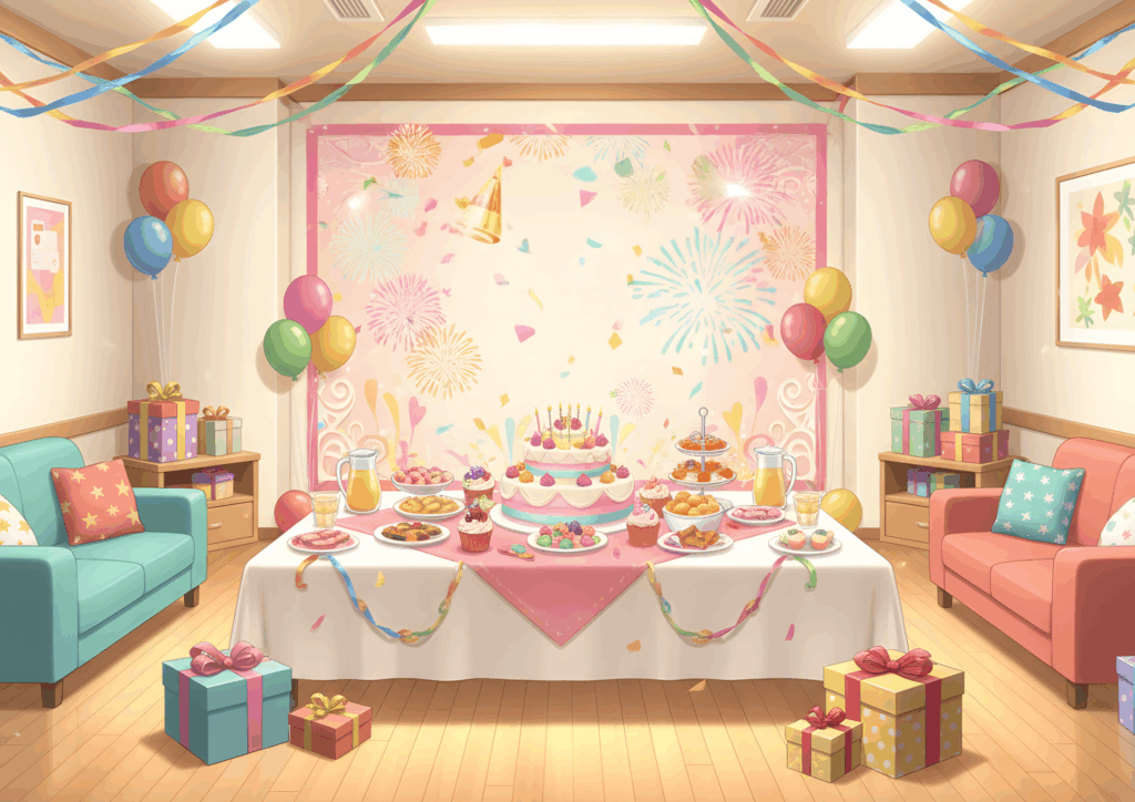 壁に花火や紙吹雪のデザインが描かれた背景の前に、ケーキやお菓子、ジュースが並ぶテーブルが置かれ、両脇にはカラフルな風船とプレゼントが飾られている。ソファやリボンで飾られた箱が置かれた、家庭的で温かみのある誕生日パーティの部屋