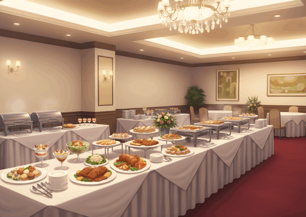 シャンデリアが輝く上品な会場で、白いテーブルクロスをかけたテーブルにローストチキン、サラダ、デザートなどの料理が並ぶ。落ち着いた照明の中、フォーマルなビュッフェスタイルのパーティが開かれている様子