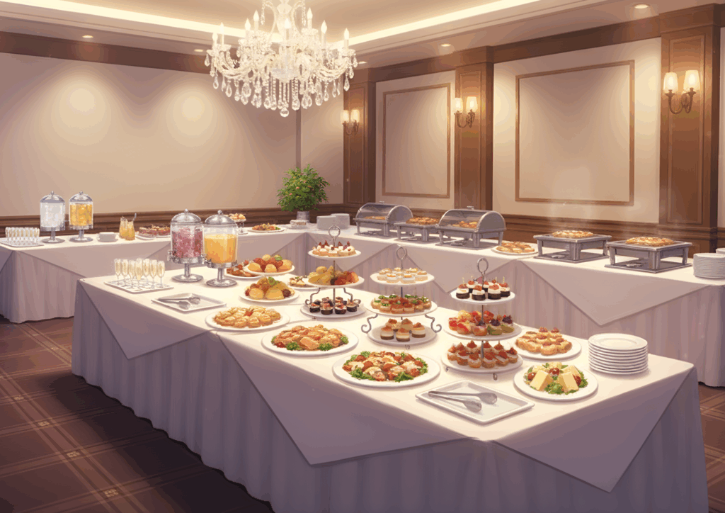 豪華なシャンデリアが天井から下がる広い会場で、中央のテーブルにケーキやフルーツ、オードブルなどが美しく盛り付けられている。奥のテーブルには温かい料理が保温トレイに並び、華やかで高級感のあるビュッフェパーティの風景