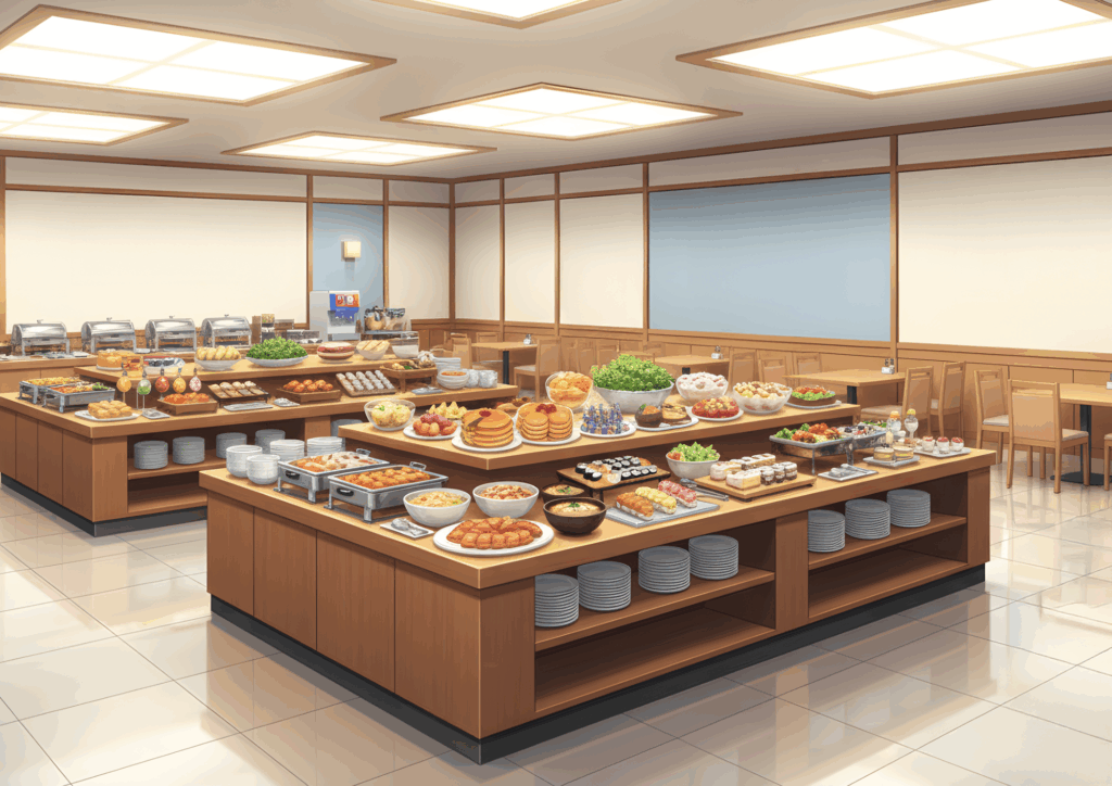 明るく清潔感のある会場で、木製のカウンター式テーブルにパンケーキ、寿司、サラダ、デザートなど多彩な料理が並ぶ。奥には温かい料理のトレイやドリンクサーバーがあり、カジュアルながら充実したビュッフェ形式の食事会の様子