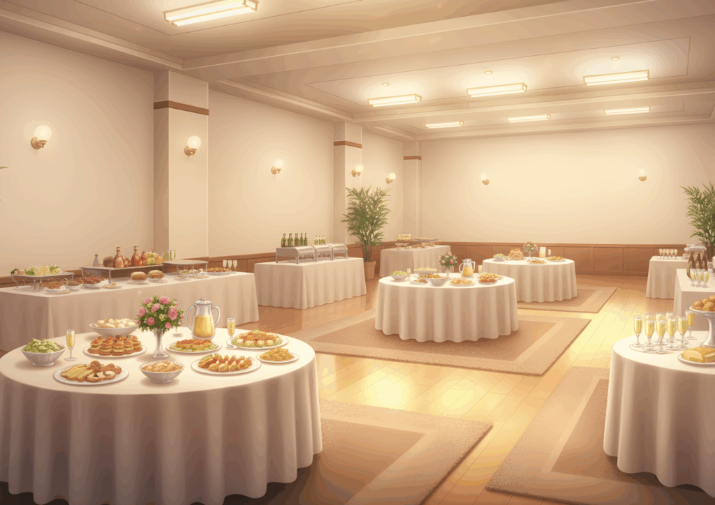 柔らかな照明に包まれた落ち着いた宴会場で、白いテーブルクロスをかけた丸テーブルがいくつも並び、オードブルやサラダ、パン、デザート、ジュースのピッチャーがきれいに盛り付けられている。奥には長テーブルにドリンクや温かい料理が並び、観葉植物がアクセントになった立食ビュッフェパーティの会場