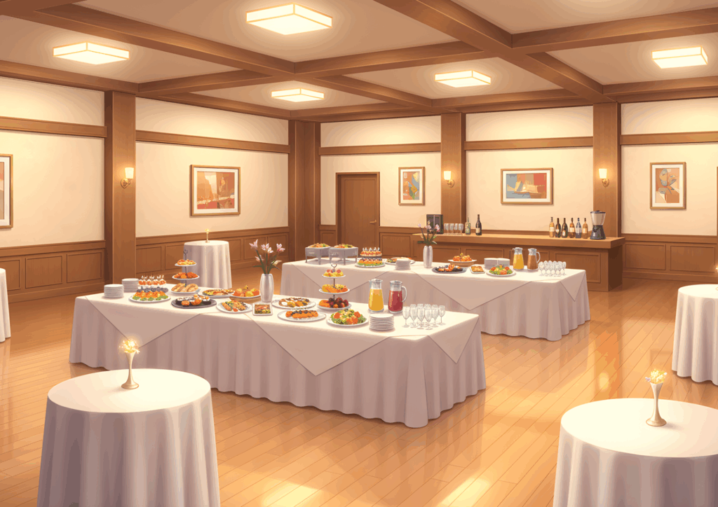 木目調の壁と床が暖かい雰囲気を出すパーティ会場で、中央の大きなテーブルに寿司やフルーツ、デザート、ジュースなど色とりどりの料理が並んでいる。周囲には小さな丸テーブルやドリンクカウンターがあり、壁には絵画が飾られた、スタイリッシュな立食パーティのビュッフェスペース