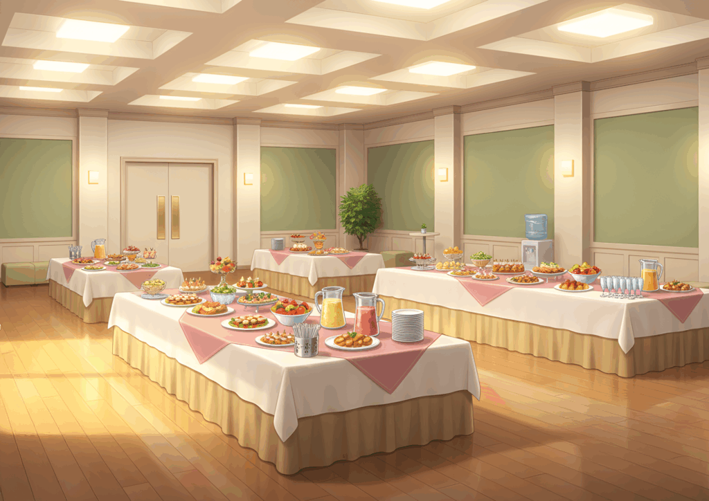 明るい天井照明に照らされた広い会場で、クリーム色の壁とグリーンのパネルに囲まれた空間に、長方形のテーブルがいくつも配置されている。テーブルにはピンクのナプキンをアクセントに、カナッペやフルーツ、サラダ、デザート、ジュースのピッチャーが並び、奥にはウォーターサーバーや観葉植物も見える立食ビュッフェ形式のパーティ会場