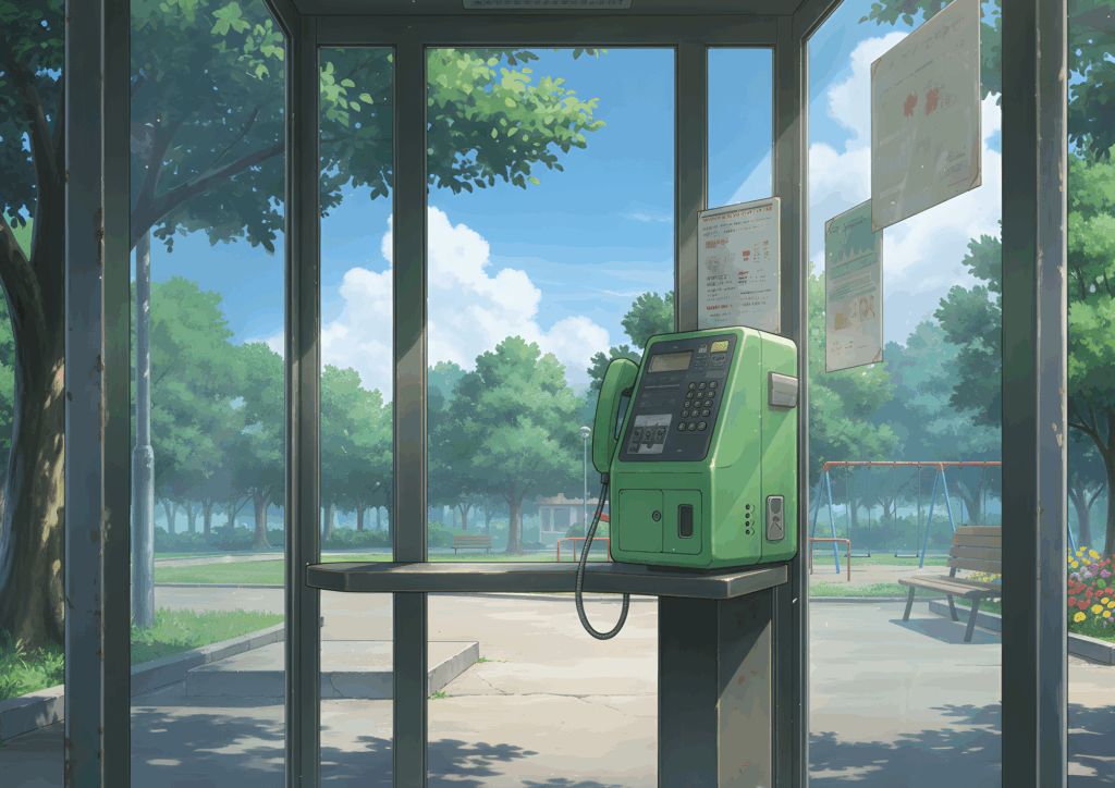 晴れた昼下がり、公園の一角にある電話ボックスの中から外を見た情景。緑の公衆電話が置かれ、外には木々とベンチ、遊具が見える。やわらかな日差しがガラス越しに差し込み、穏やかな夏の日を感じさせる