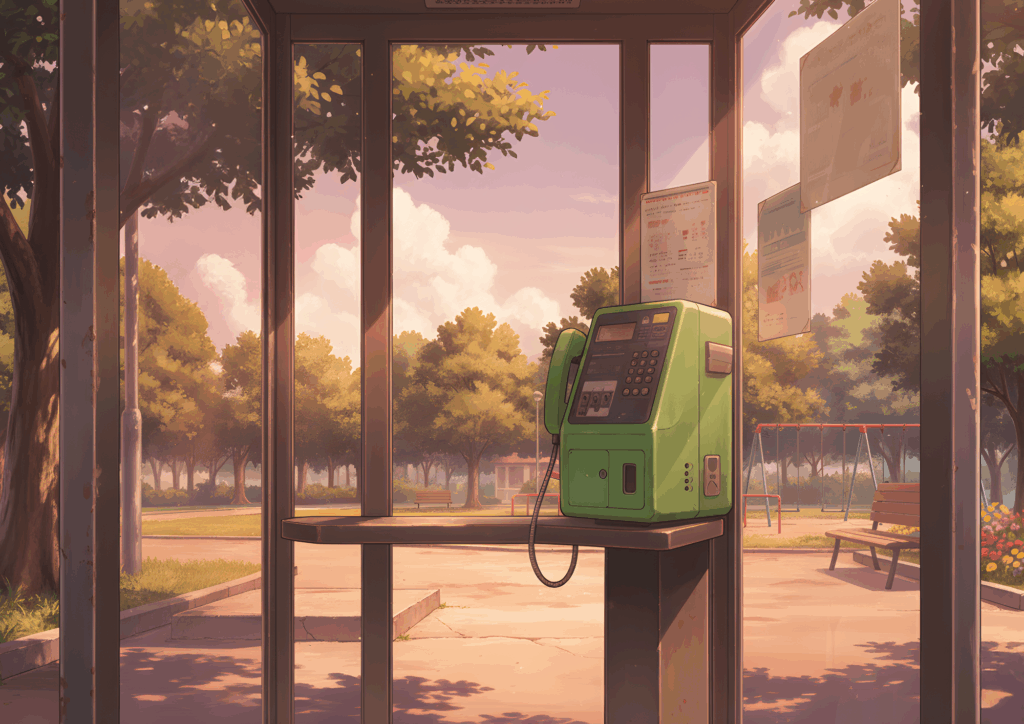 夕暮れ時の電話ボックス内部。温かみのあるオレンジ色の光が差し込み、緑の公衆電話と外の公園が柔らかく染まる。木々やベンチが夕陽に照らされ、静かでノスタルジックな雰囲気が漂う