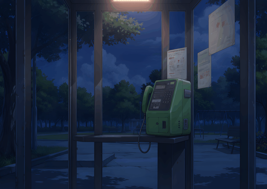 夜の公園にある電話ボックスの内部。上部の照明がともり、緑の公衆電話が淡く照らされている。外は青みがかった夜空と木々の影に包まれ、静まり返った空気を感じる情景