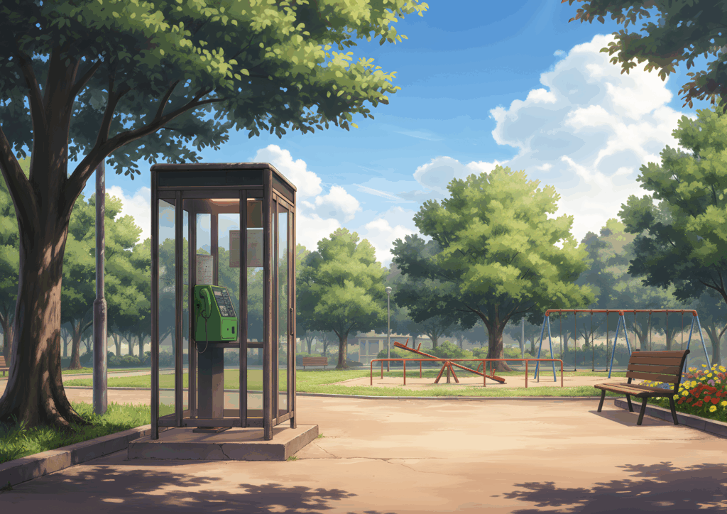 昼間の公園に立つ電話ボックス。周囲には遊具やベンチ、花壇があり、木漏れ日が差す穏やかな光景。透明なガラスの中に緑の公衆電話があり、明るく清々しい印象