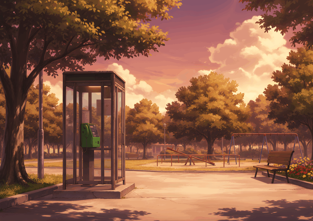 夕方の公園に立つ電話ボックス。オレンジ色の夕陽が全体を包み、木々と遊具が暖かい光に照らされている。緑の電話ボックスが光を受けて柔らかく輝き、どこか懐かしさを感じる