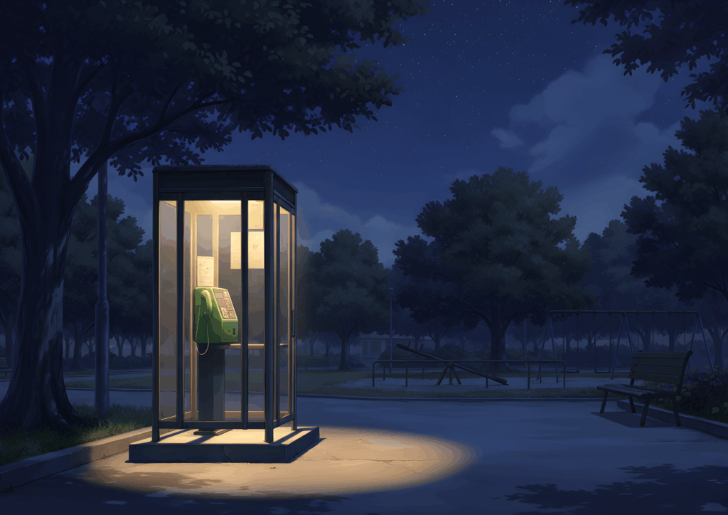 夜の公園にぽつんと立つ電話ボックス。周囲は暗く静まり返り、電話ボックスだけがライトに照らされている。緑の公衆電話が淡い光に浮かび上がり、幻想的で少し寂しげな雰囲気