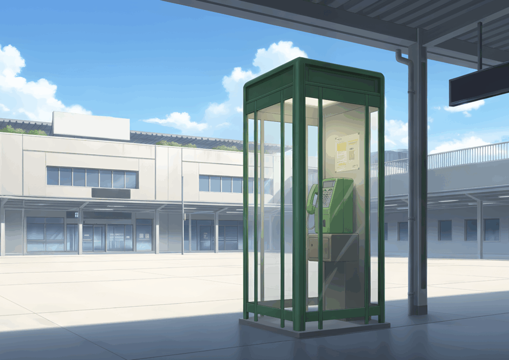 晴れた昼間の駅前に設置された電話ボックス。モダンな建物の前にあり、空は青く澄みわたる。ガラス張りのボックスの中に緑の公衆電話が設置され、明るく清潔感のある印象