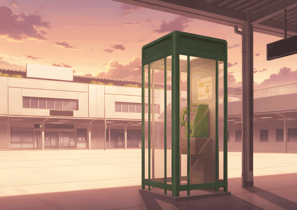 夕焼けに染まる駅前の電話ボックス。建物の壁や地面が暖かなオレンジ色に照らされ、ガラスのボックス内の公衆電話も柔らかく輝く。帰宅時間帯の静かな駅の雰囲気を感じさせる