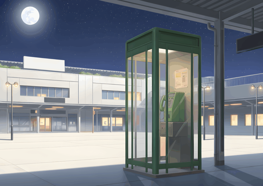 夜の駅前、月と星が輝く空の下に立つ電話ボックス。中の照明が点き、緑の公衆電話がやさしく光を受けている。周囲の建物の窓にも明かりがともり、穏やかで落ち着いた夜の情景